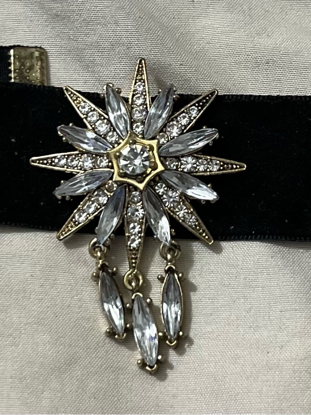 Gold Starburst Crystal Brooch - Clear Crystal Accent
